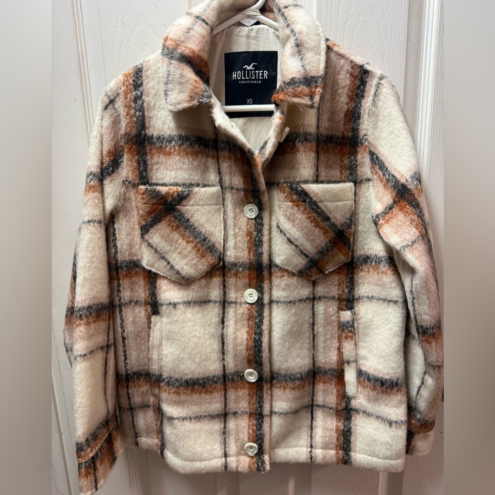 Hollister Plaid Teddy Jacket - Cream, Brown, Black